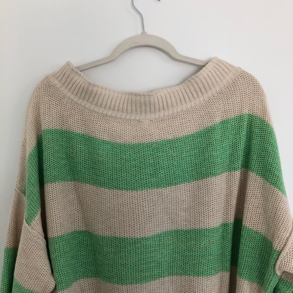 Free People Cream & Green Striped Oversized Cozy Knit Sweater - Picture 8 of 9